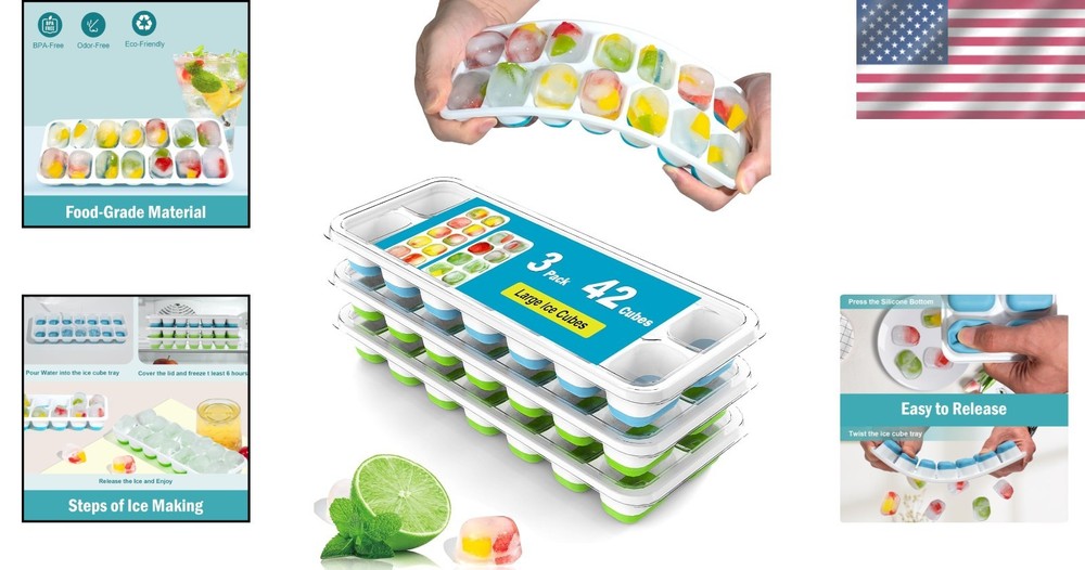 42 Ice Cubes Capacity - Stackable Easy-Release Silicone Ice Trays with Lids