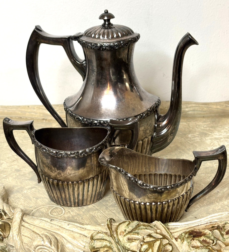 Antique 3-Piece Southington C. Co. (Meriden Britannia) Tea Set w/ Scrollwork