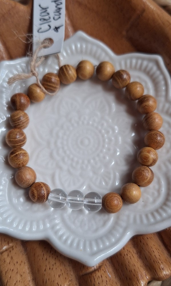 clear quartz + sandalwood bracelet