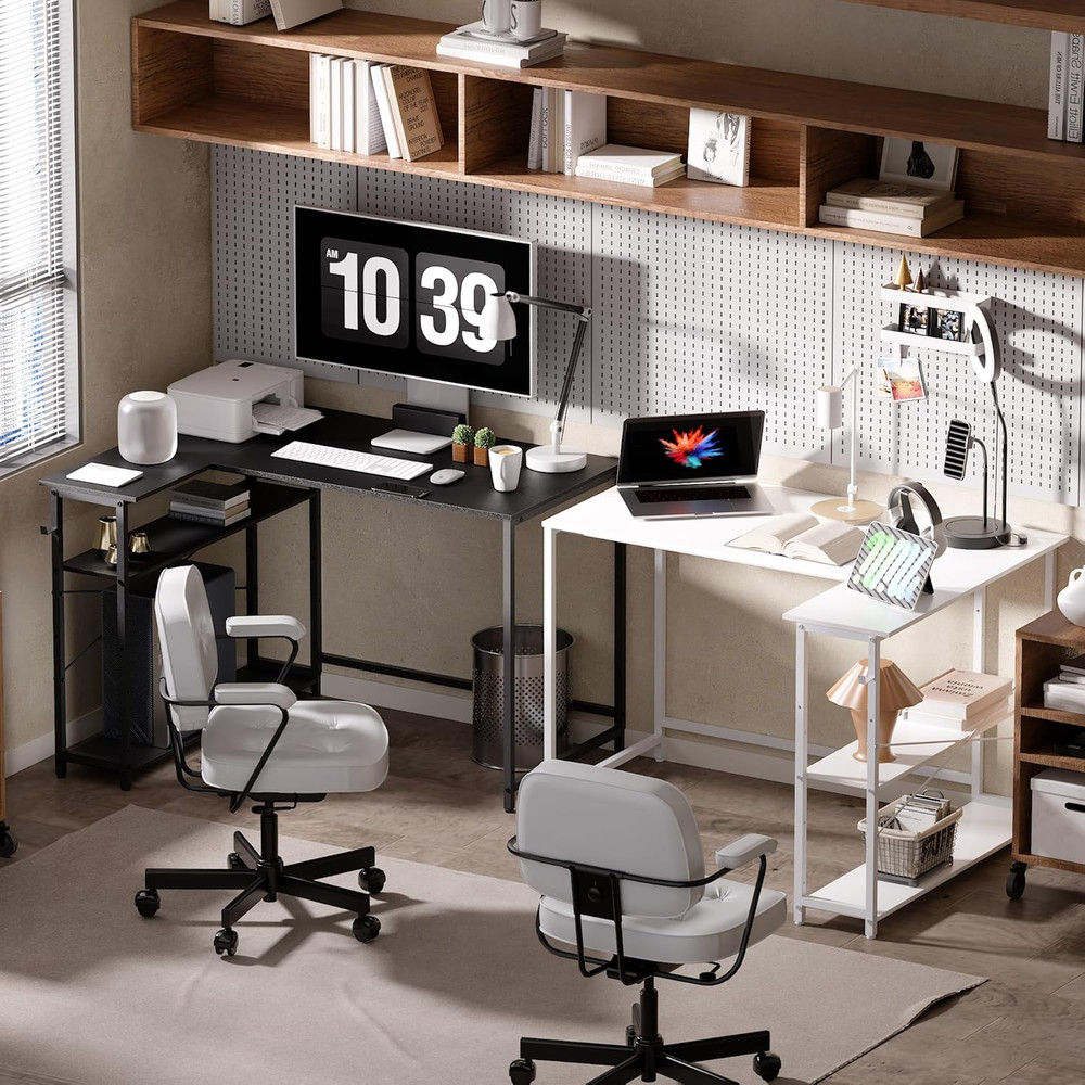 Compact 43" L-Shaped Computer Desk with Reversible Shelves for Small Spaces