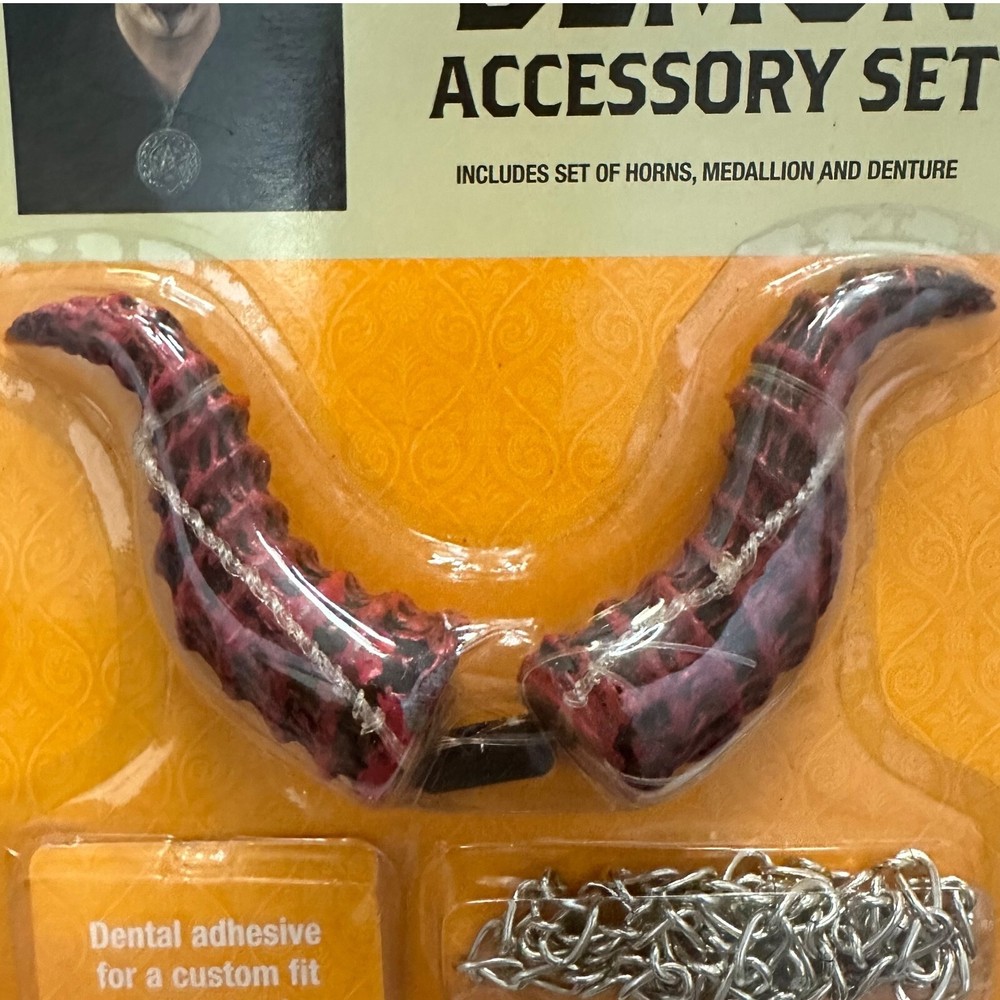 Demon Devil Accessory Set Halloween Horns Medallion Necklace Teeth Age 15+