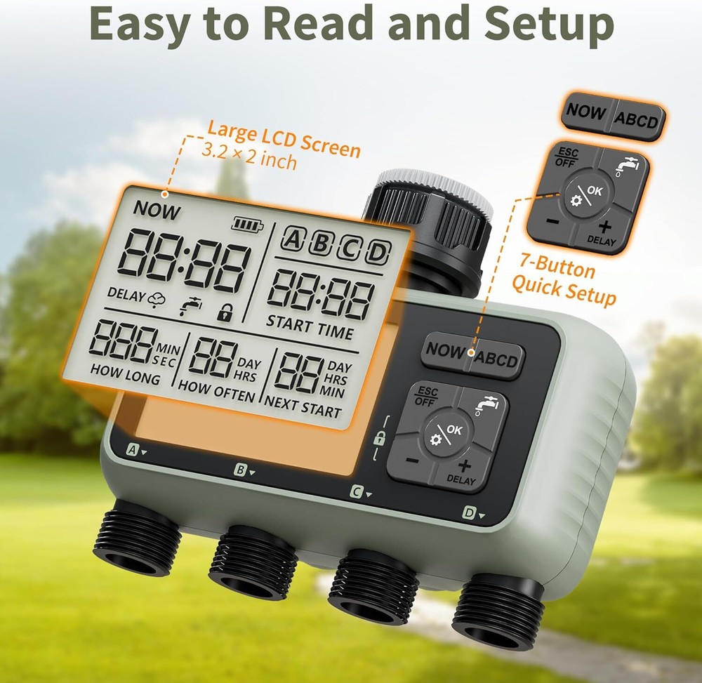 4Zone Water Timer Four Outlet for Garden Programmable Irrigation with Rain Delay