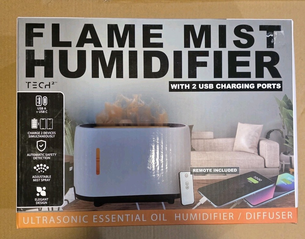 Flame Mist Humidifier w/Remote & 2 USB Charging Ports