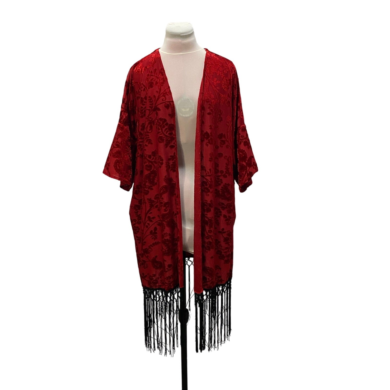 Gypsies & Moondust Red Velvet Burnout Kimono Black Fringe Medium