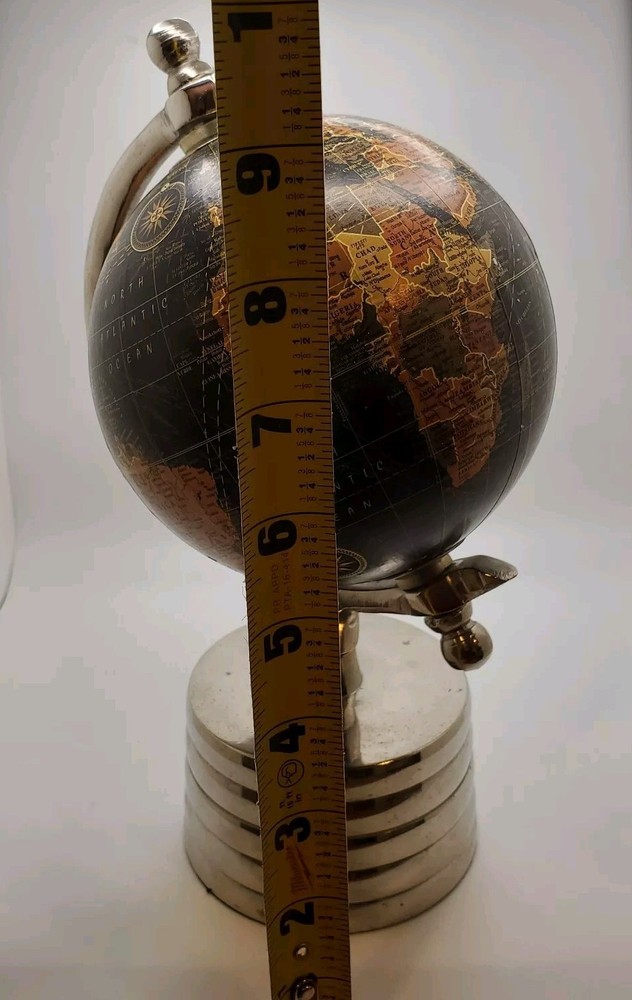 Small Black Desktop Spinning Globe With Silvertone Metal Base Office Decor