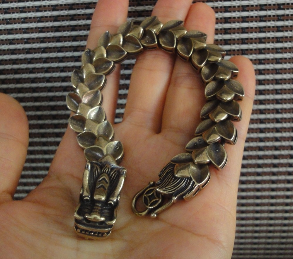 Solid Brass Copper Zodiac Dragon Head Statue Cool Men Bracelet Gift for Him