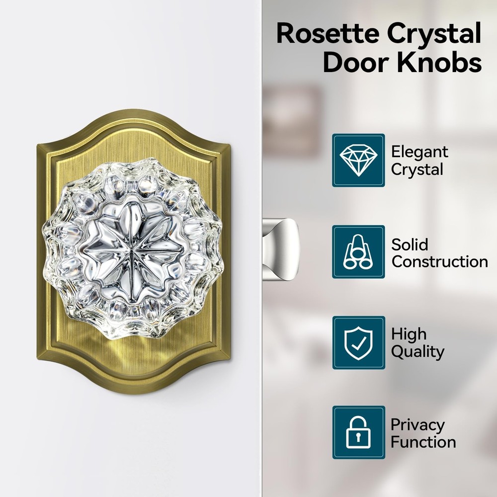 3 Pack Glass Crystal Door Knobs Interior, Antique Brass Crystal Door Knobs wi...