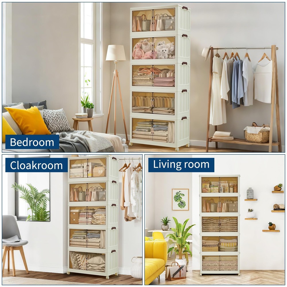 240QT Stackable Storage Bins, Folding Storage with Magnetic Doors & Wheels, L...