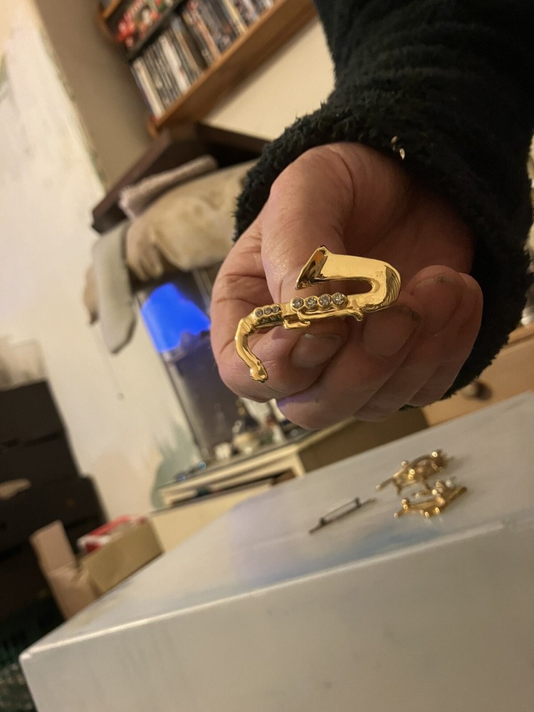 Gold Plated And Crystal Saxophone Brooch