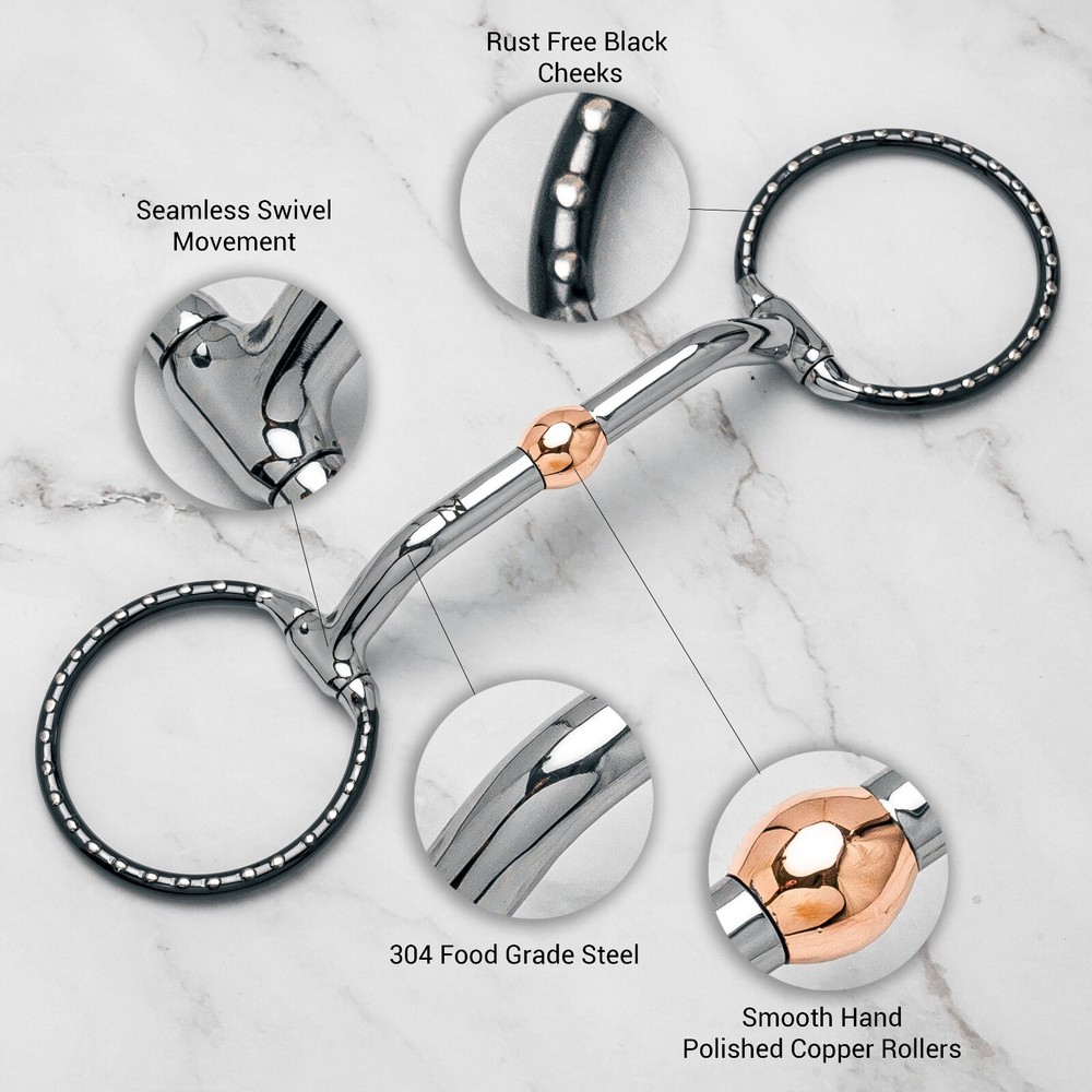 NY Tack 5" Western Fixed Rings Copper Roller Snaffle Horse Bit