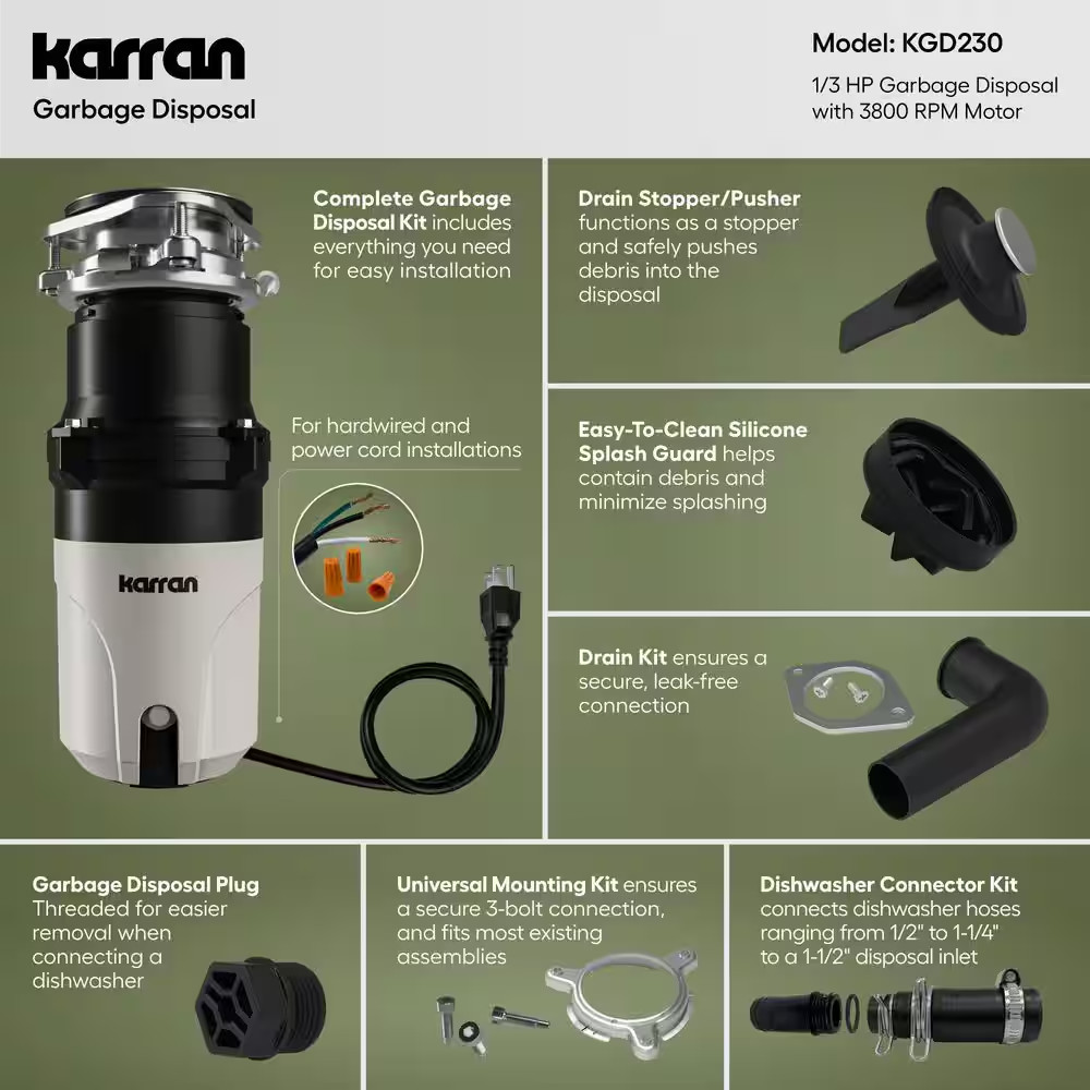1/3 HP Continuous Feed Garbage Disposal with Power Cord