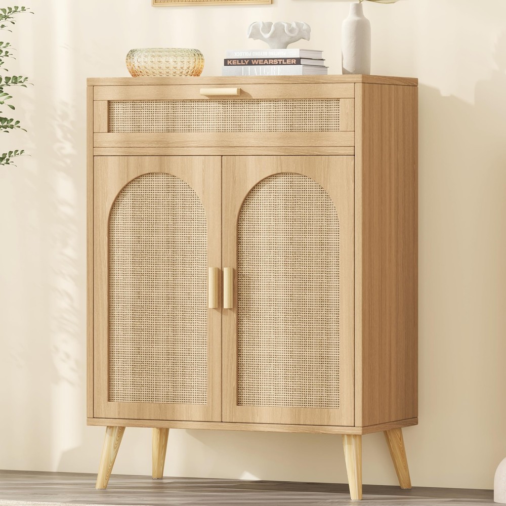 Rattan Buffet Cabinet with Storage, Sideboard with Drawer & Adjustable Shelf,...