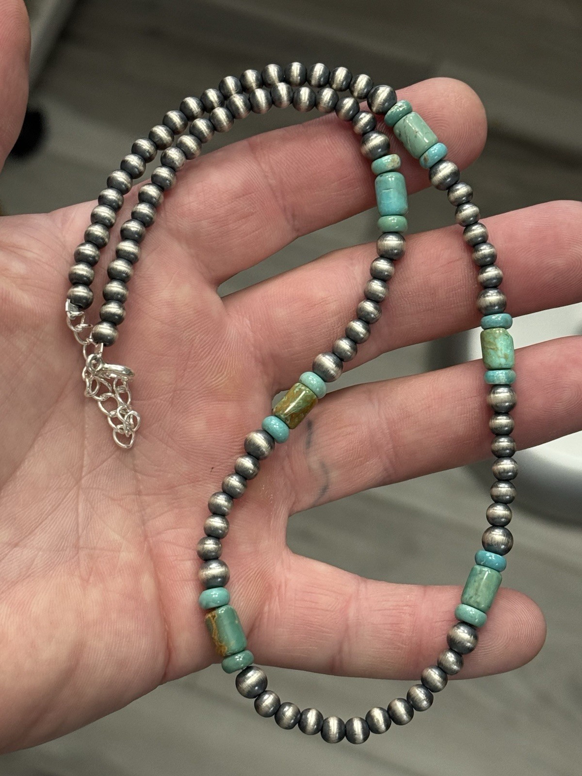 STERLING SILVER 5mm NAVAJO PEARL TURQUOISE CYLINDER BEADS BEADED NECKLACE .925