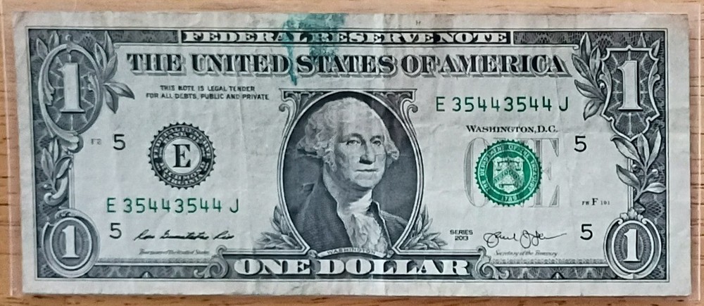 $1 Quad Repeater 2013 • #E3544-3544J Fancy Serial • Circulated U.S. Note