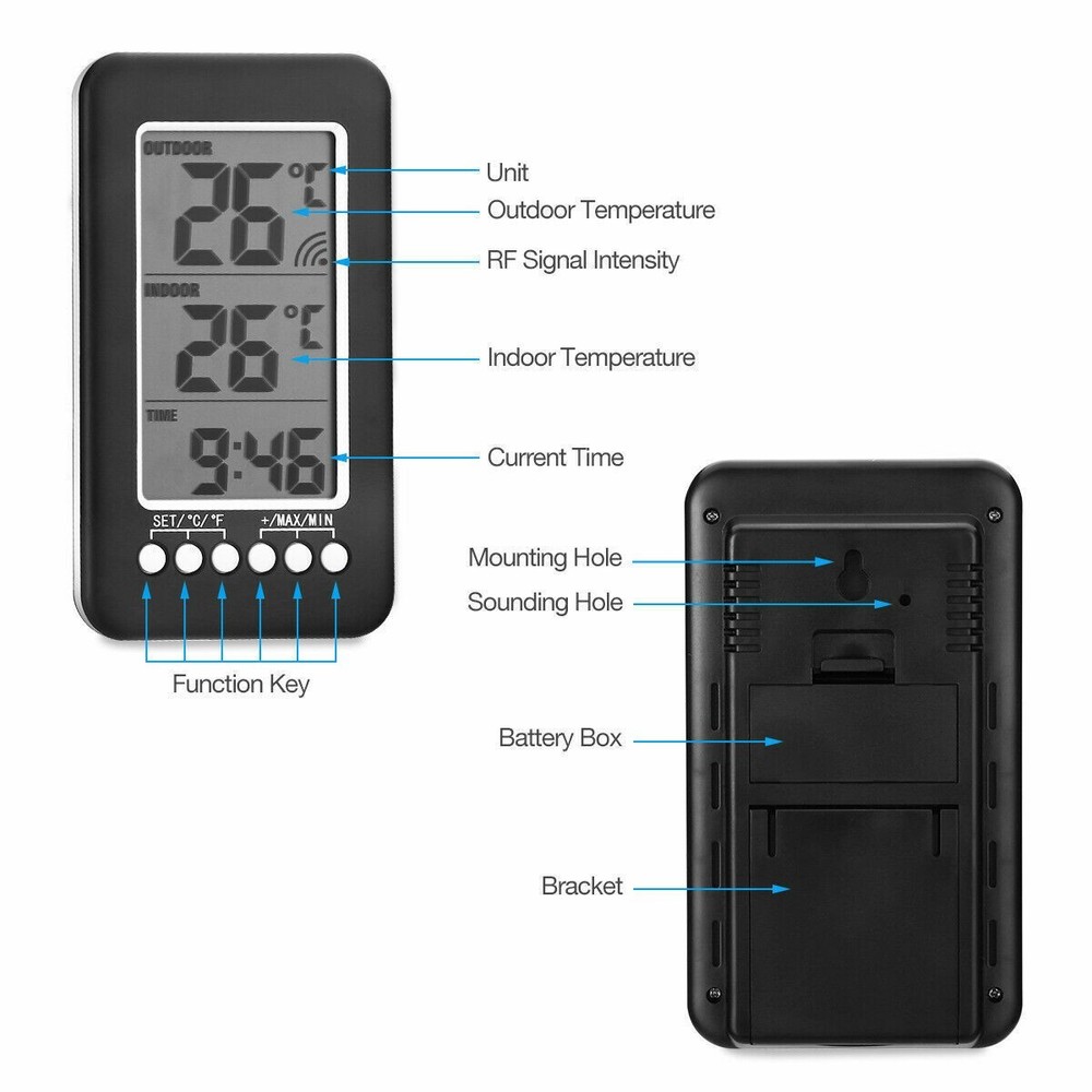 Indoor/Outdoor Digital Thermometer Clock Temperature Wireless Transmitter Meter