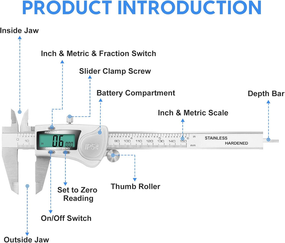 Digital Caliper Measuring Tool, IP54 Waterproof Electronic Micrometer Caliper, S