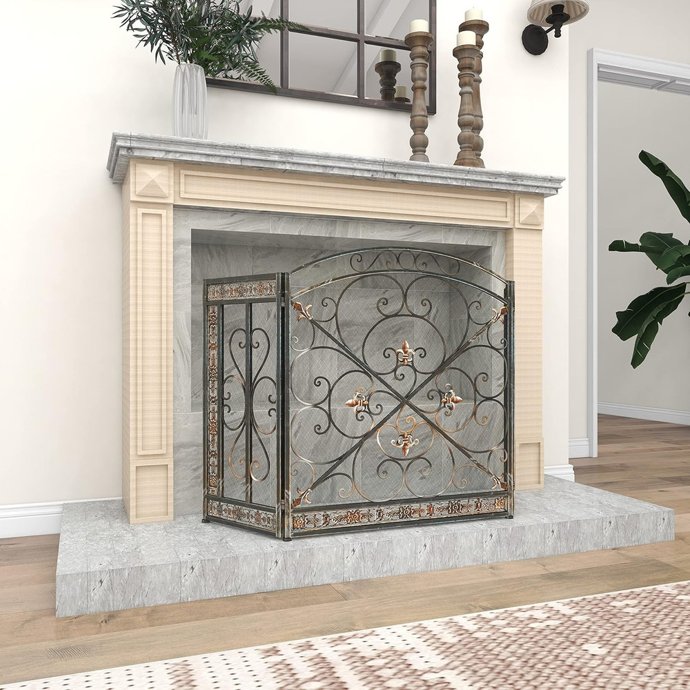 Metal Scroll Fireplace Screen Foldable Arched 3 Panel with Fleur De Lis Accents,