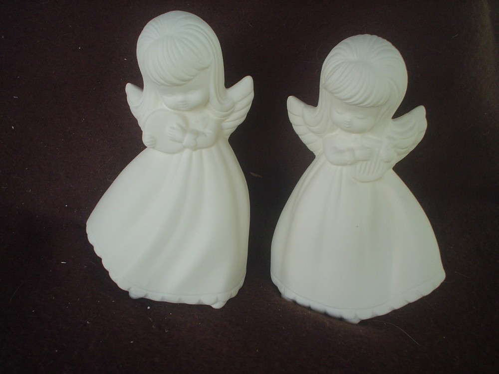 E650 - 2 Ceramic Bisque 6" Angels Playing Instruments - Ready to Paint