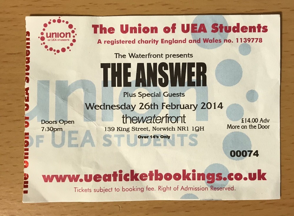 2014 THE ANSWER NORWICH UK CONCERT TICKET STUB RISE INTO THE GUTTER REVIVAL