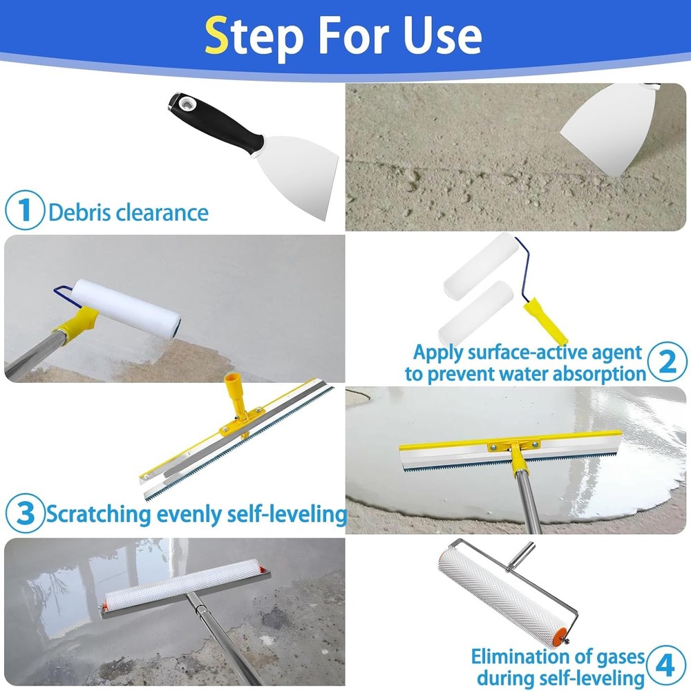 Self Leveling Concrete Tools, Stainless Steel Epoxy Squeegee, Spiked Roller for