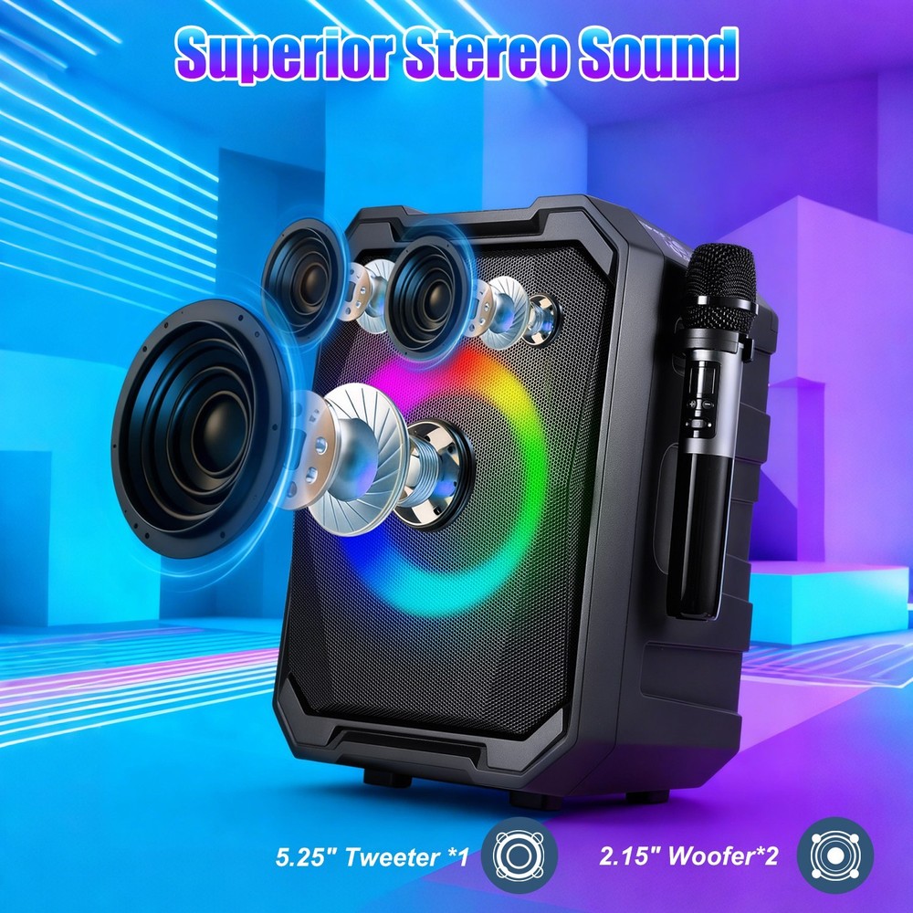Portable Wireless Party Speaker W/ LED Light &2 Wireless Mics Remote Control