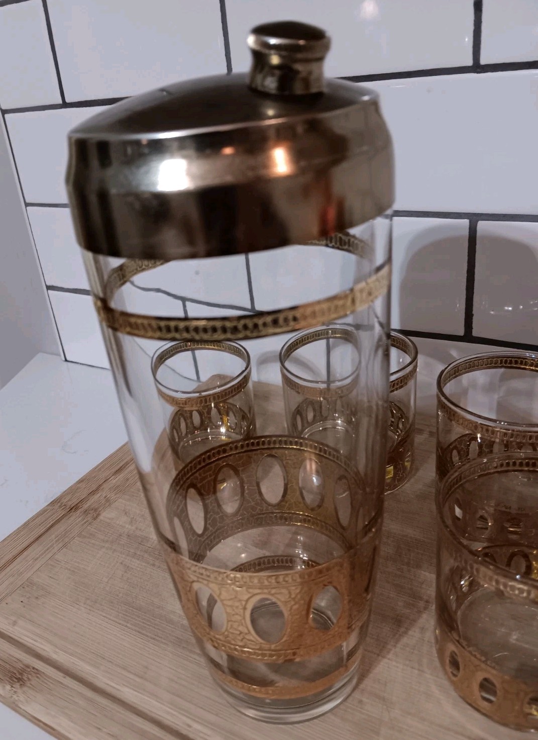 Vtg MCM 60s Culver Antigua Cocktail Shaker Low Ball 5 Pc Barware Set 22k Gold