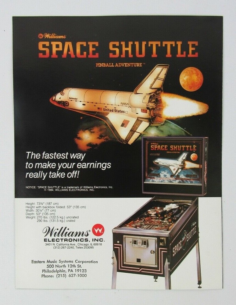 Williams Space Shuttle Pinball Machine Advertising Flyer