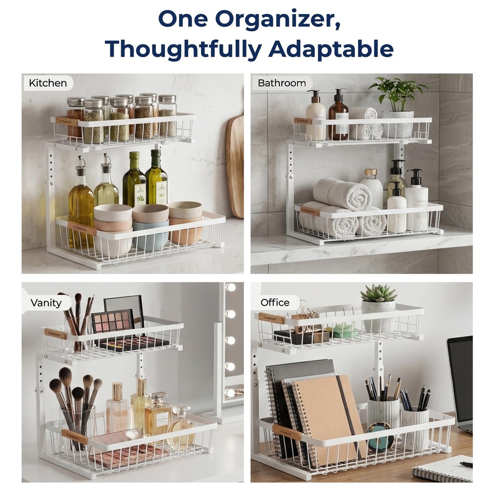 Clutterix Under Sink Organizer, 2 Pack, 2 Tier Sliding Standard Size, White