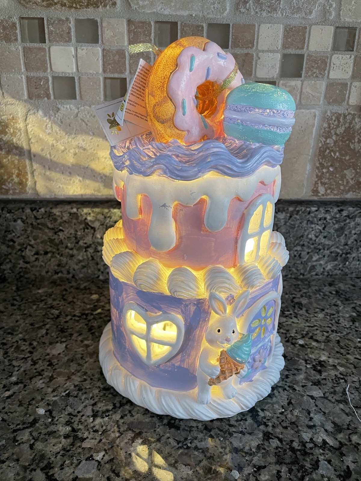 NWT Bella Lux Easter Pastel Frosted Resin Treats Donut & Macaroon Faux LED Cake
