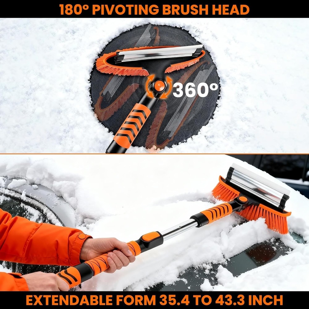 3-in-1 Car Snow Brush Ice Scraper Squeegee 43" Extendable 180 Pivot Windshield
