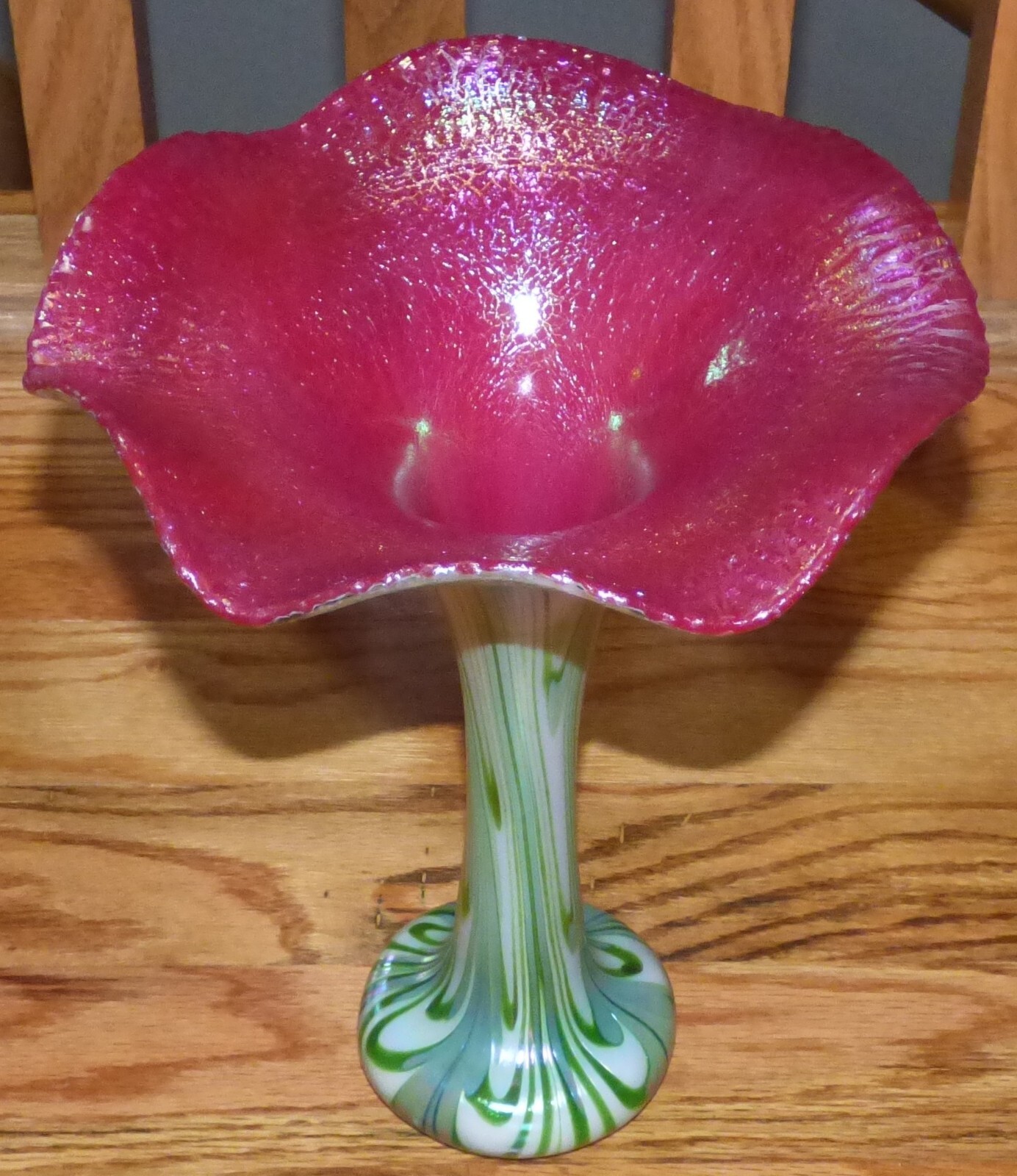 Charles Lotton Aventurine Art Glass Vase 2009 White/Green Pulled Feather 12 1/4"