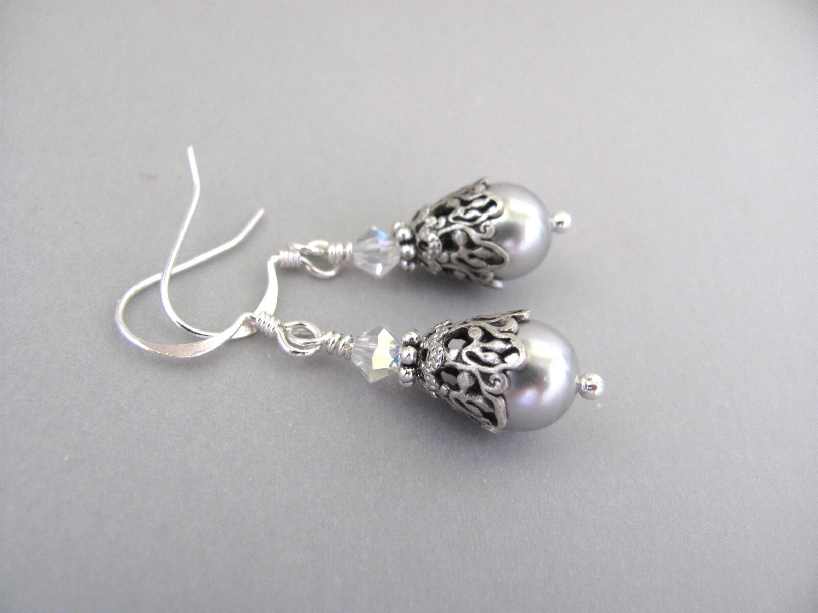 Silver Gray Crystal Pearl Earrings Birthday Wedding Gift Birthday Holiday Party