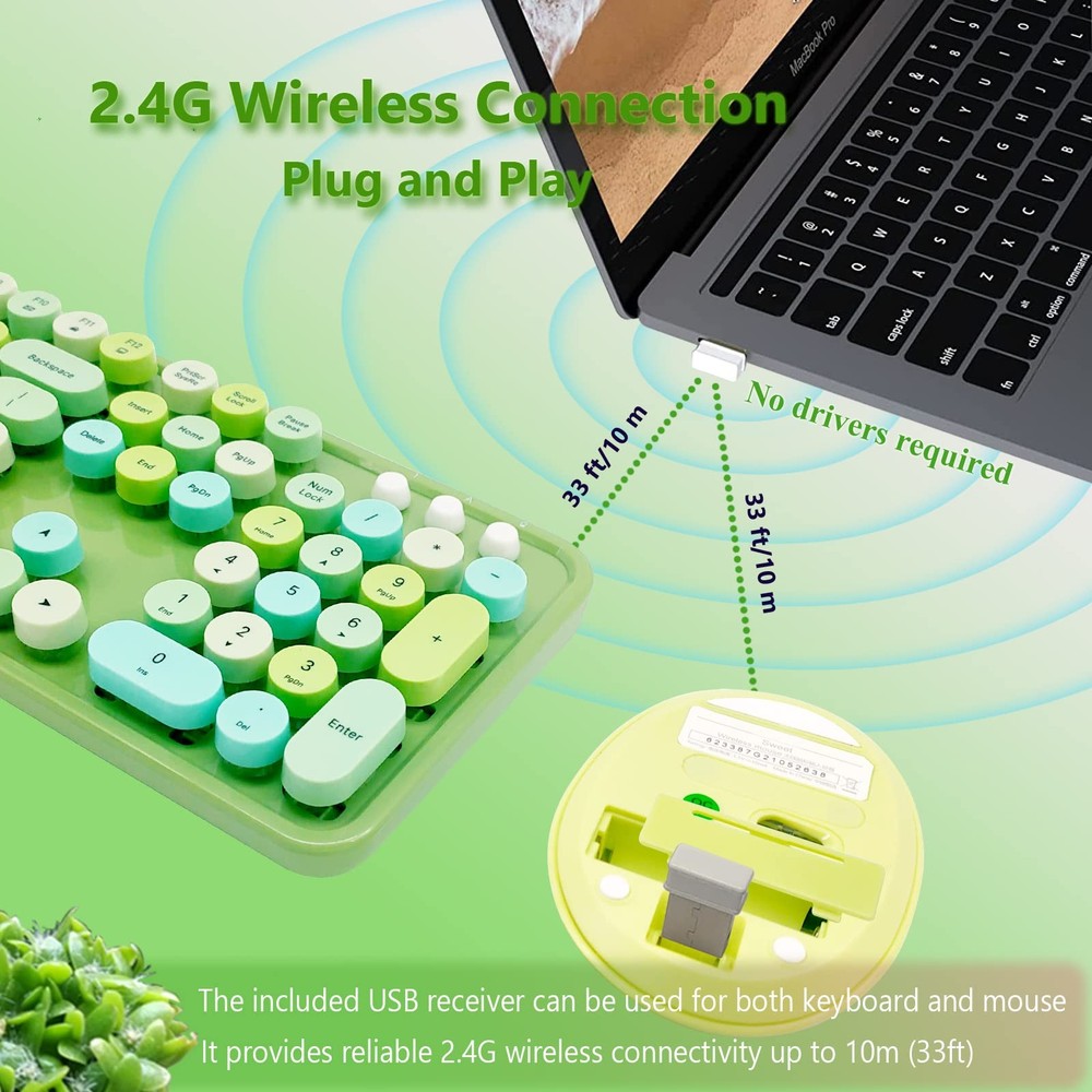 Wireless Keyboard and Mouse Combo Retro Typewriter Ergonomic Set Green