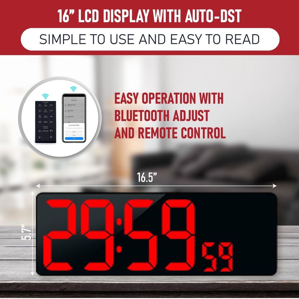 TXL 17.2'' Bluetooth Large LED Digital Wall Clock, Large Display Date and Tem...