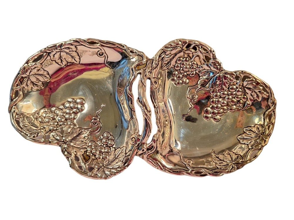 Godinger Silver Plated Double Heart Dish Grape Design Decor Gift