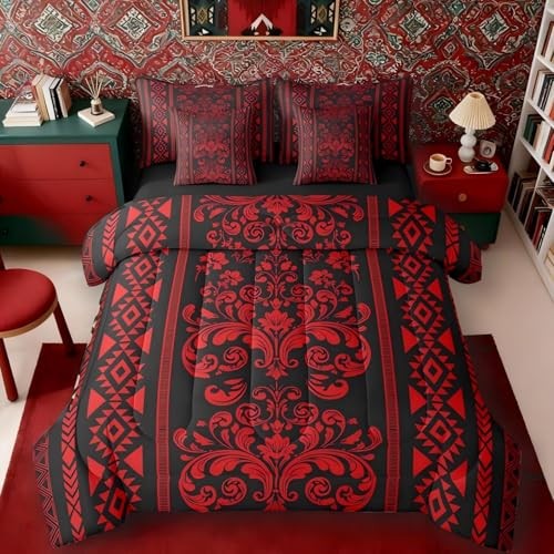 Victorian Decor Western Size Comforter Set with Sheets - Damask 7 King Red
