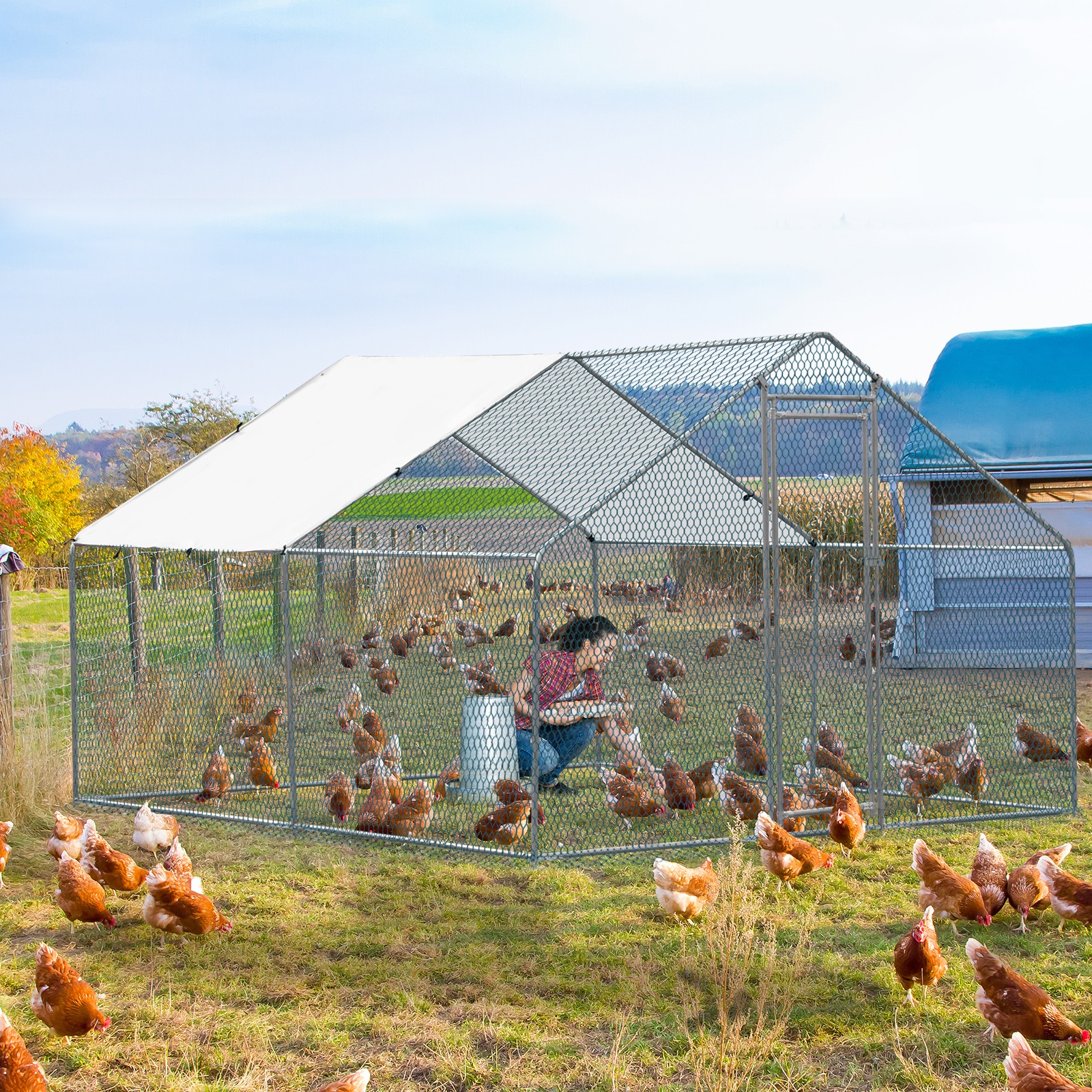 Large 10x10FT Metal Chicken Run Pen Walk-in Cage Poultry Coop Duck Rabbit House