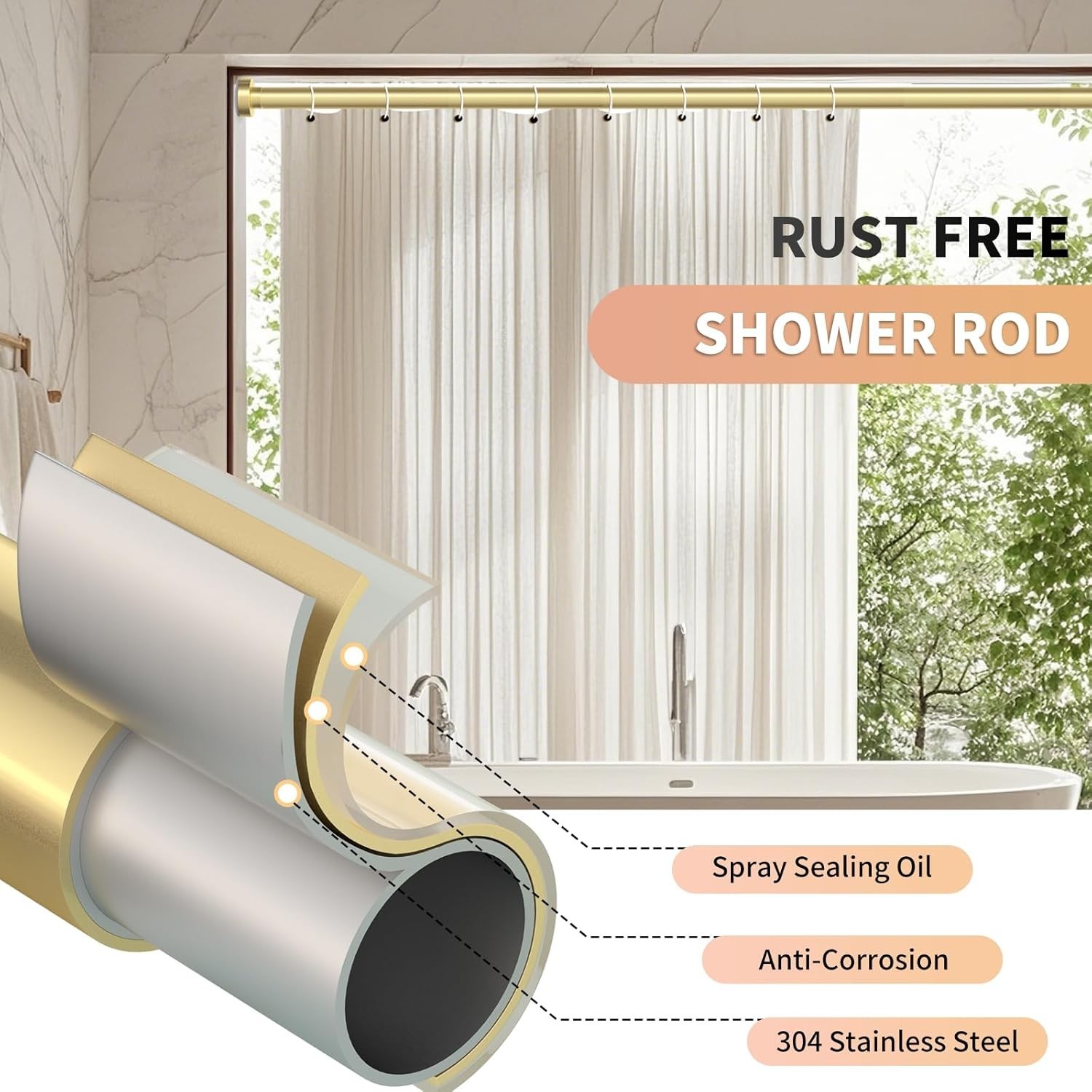 Gold Shower Curtain Rod 34-66 Inches2.8-5.5ft Never Rust Adjustable Shower Ro...