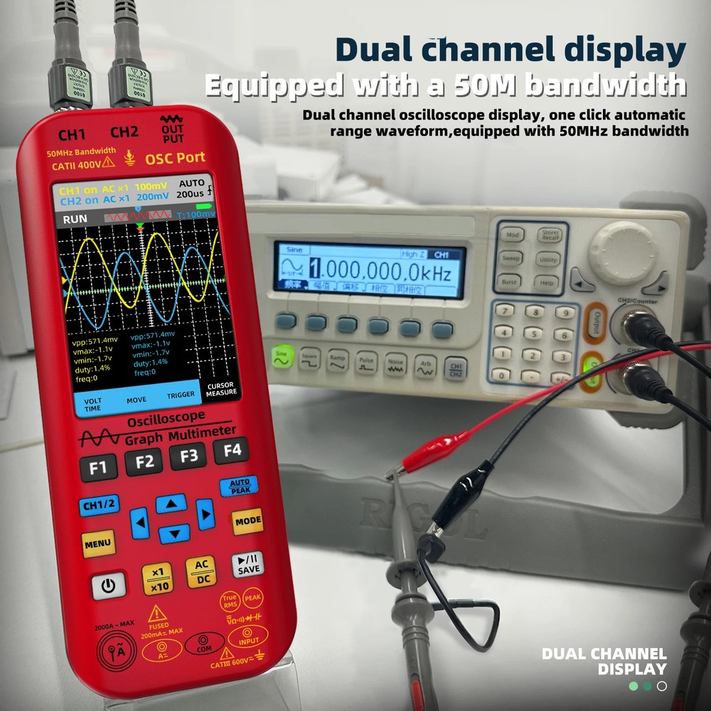 Oscilloscope Multimeter 2 Channels, 50MHz Bandwidth 250MSa/s Sampling Rate