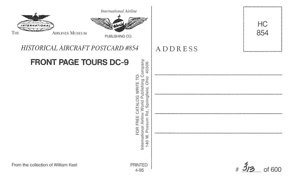 FRONT PAGE TOURS DC-9 Airplane Postcard