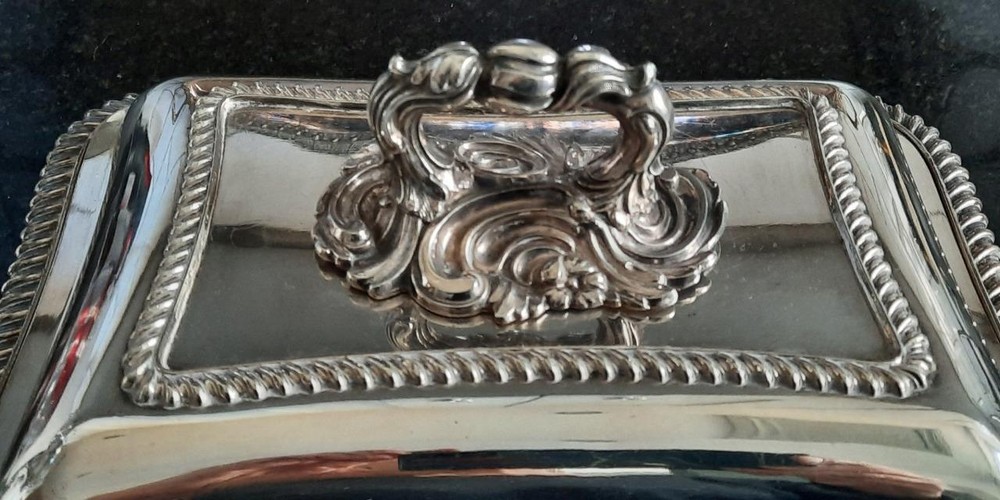 Fine Antique Silver Plated Rectangular Entree Dish with Ornate Handle C 1850