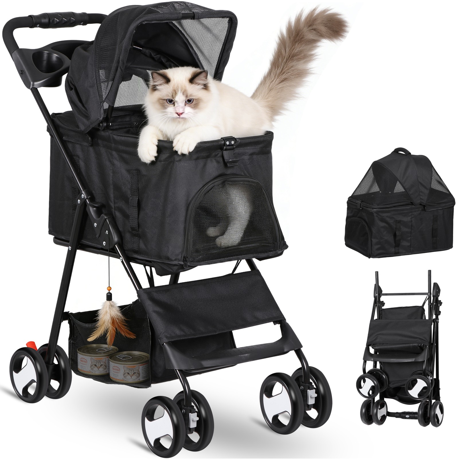 Pet Stroller Foldable Dog Cat Jogger Stroller w/4 Wheels Detachable Basket Black