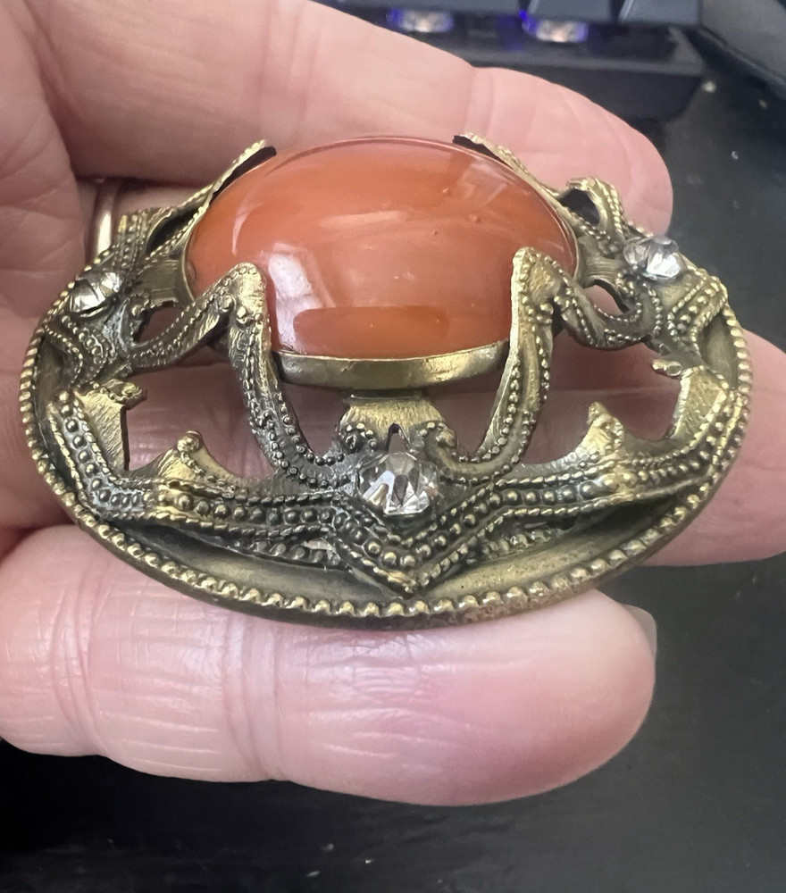 Antique Ornate Large 2" Brass & Orange Stone Agate Paste Button