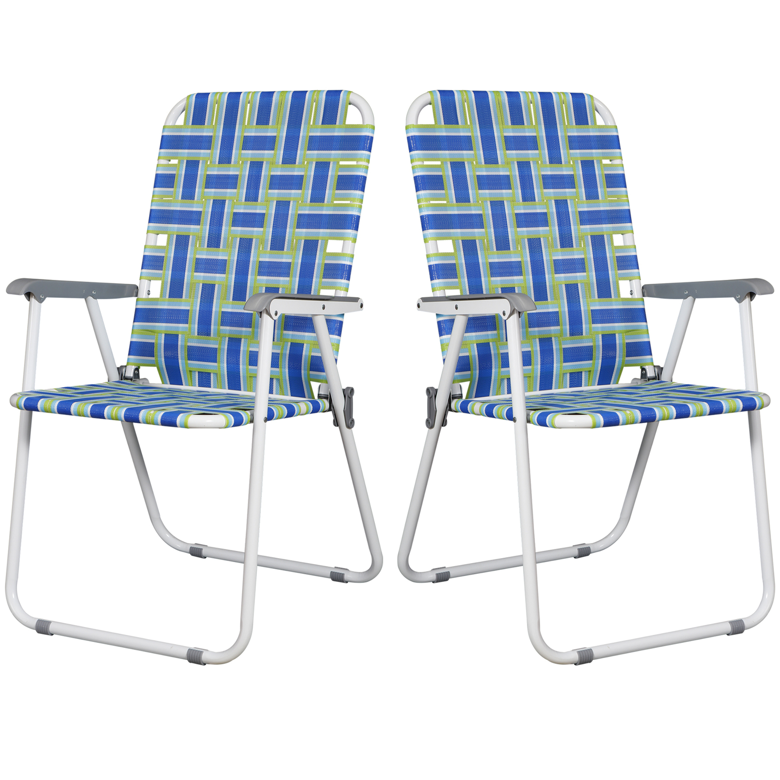Metal Frame Blue Beach Chairs Set of 2 Webbed Folding Patio Lawn Camping Chairs
