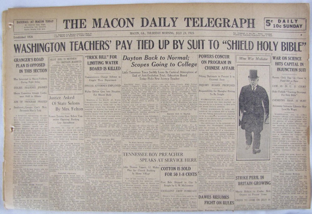 Vintage 1925 Clarence Darrow Evolution Scopes Monkey Trial Newspaper
