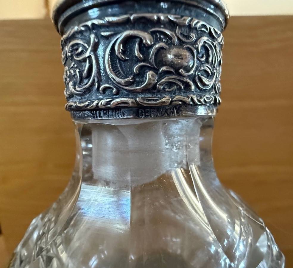 Antique German 925 Sterling Silver Cut Glass Decanter