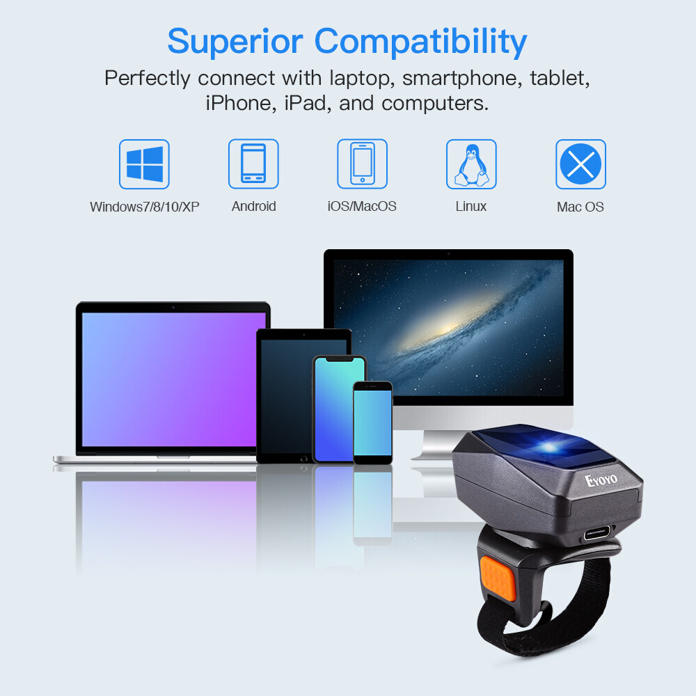 Eyoyo 1D Laser Barcode Scanner Wireless Wearable Finger Ring PC Scanner Reader