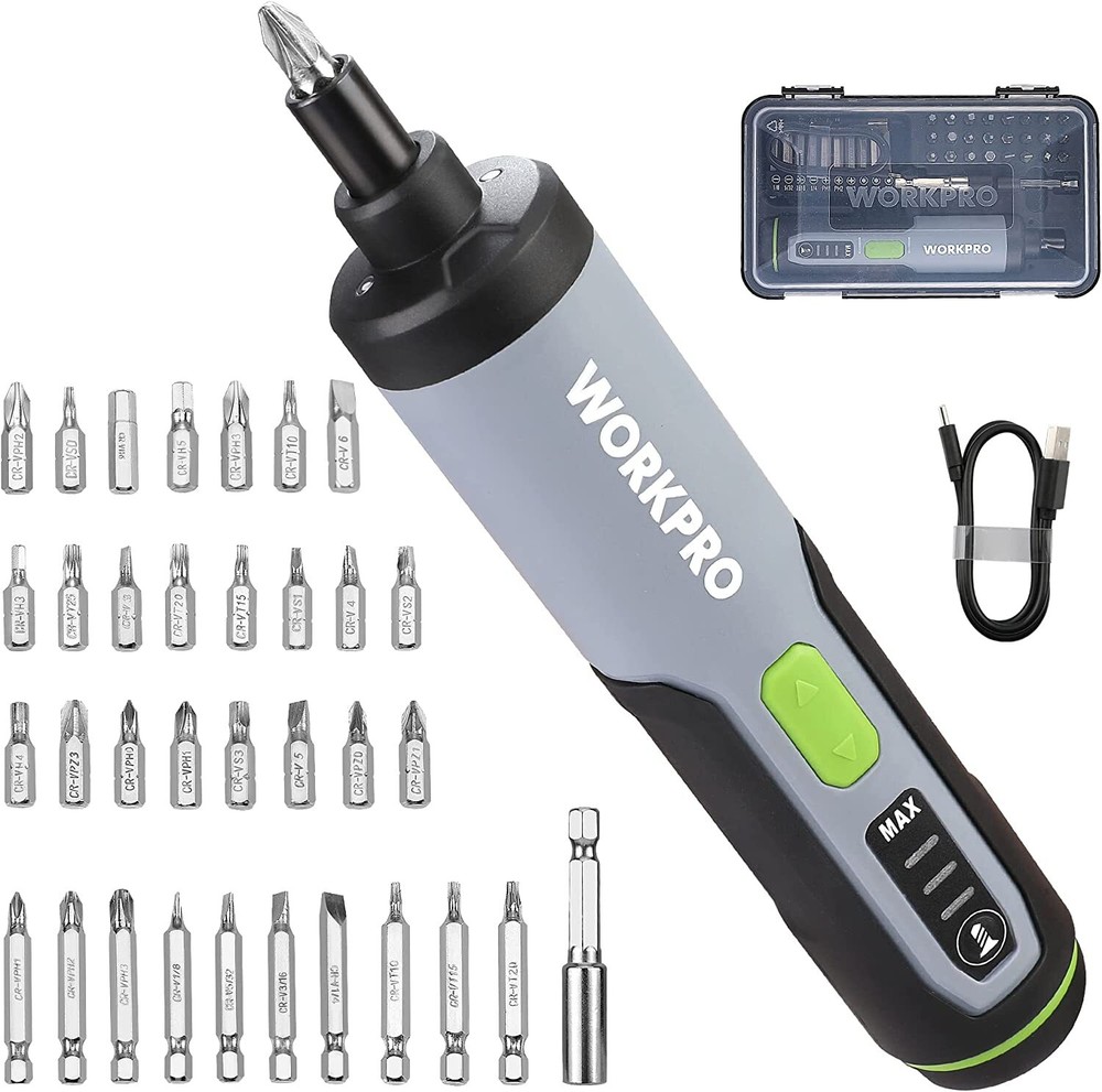 WORKPRO 4V Cordless Electric Screwdriver Sets Rechargeable 35 Bits Extension Rod