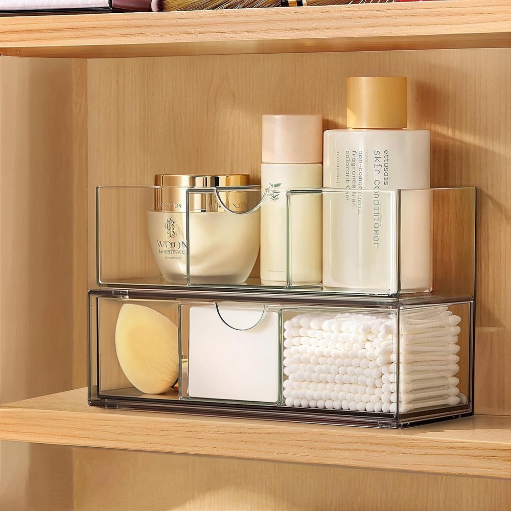 Medicine Cabinet Organizer 2 Pack Stackable Storage Drawers W/ Removable Divider