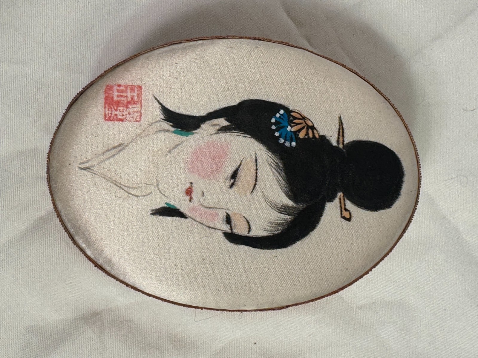 JAPANESE ASIAN CHINESE SILK GREEN WALLET SIGNED OVAL BOX PAINTING GEISHA WOMAN